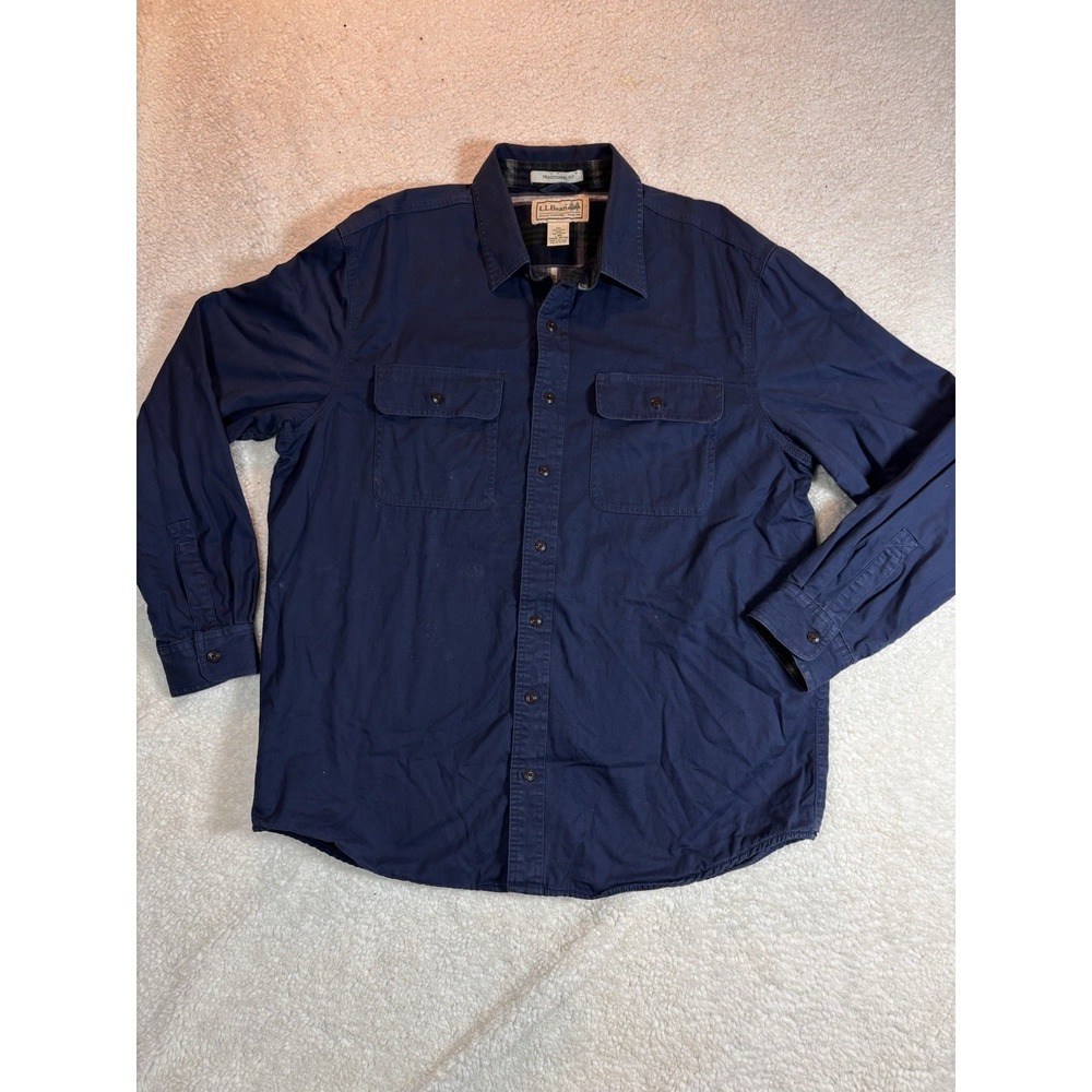 LL BEAN Shirt Mens L Flannel-Lined Hurricane Work Wear Utility Cotton Blue